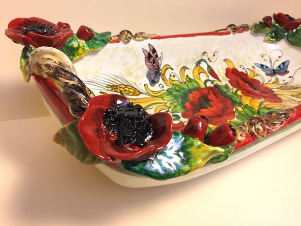 DEEP RECTANGULAR TRAY WITH POPPIES AND EAR OF CORN